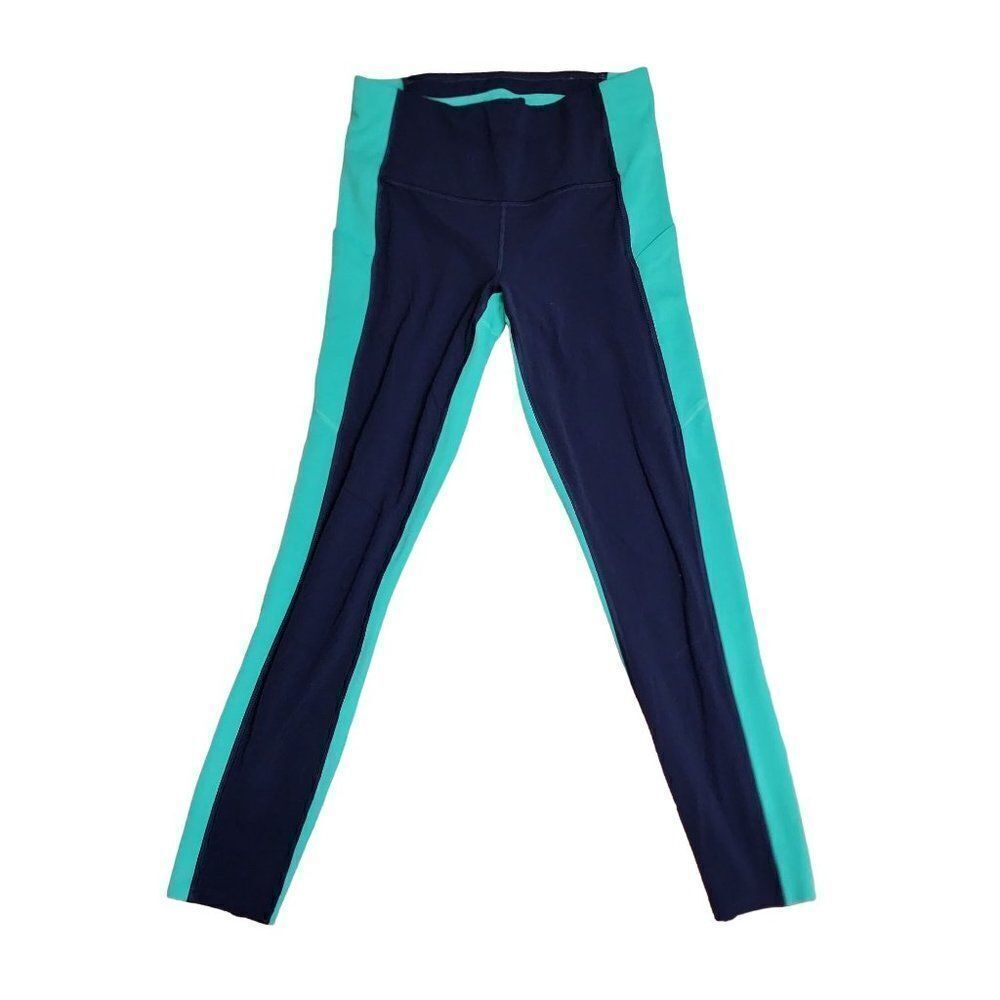 Athleta Small Green and Blue Color Block Leggings w/ Side Pockets